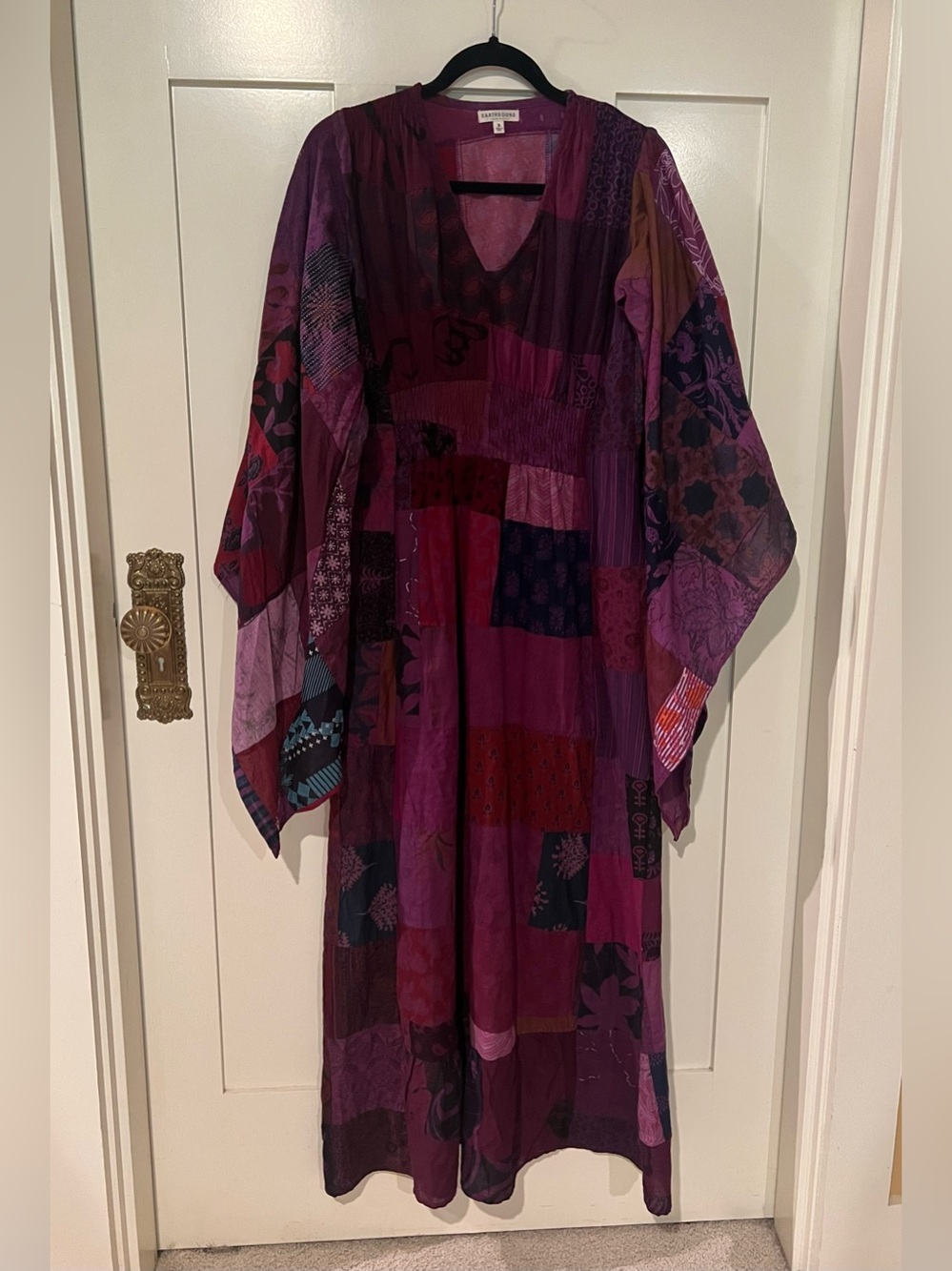 Boho Purple Overdyed Patchwork Maxi Dress Wide Kimono Sleeves Earthbound Trading